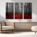 Red Forest Floor Canvas Wall Art – Mystical Foggy Woodland