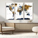 Modern Abstract World Map Canvas Wall Art – Framed Blue and