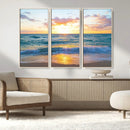 Golden Sunset Over Ocean Waves - Serene Coastal Triptych