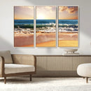 Sunset Beach Wall Art - 3-Panel Framed Canvas Print, Ready