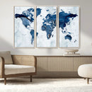 Modern Blue World Map Canvas Print – Framed Wall Art,