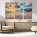 Sunset Ocean Waves on Tropical Beach, 3-Panel Giclee Canvas