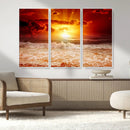 Red Sunset Ocean Beach Canvas Wall Art Beach Canvas, Coastal