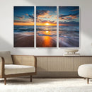 Sunset on the Ocean Beach with Waves, Reflections on Sand,