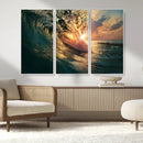 Ocean Wave Sunset Canvas Wall Art – Triptych Seascape Print
