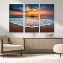 Sunset Beach Canvas Wall Art – Colorful Ocean Waves Triptych