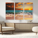 Golden Sunset Beach Canvas Wall Art – Triptych Seascape