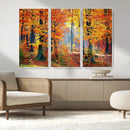 Autumn Red Forest Triptych Canvas Wall Art Print, Forest