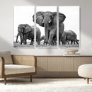 Black White Elephant Family Wall Art Canvas Print