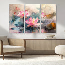 Lotus Flower Wall Art | 3-Panel Giclee Canvas Print of Pink