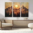 Wood Style Abstract Mountain Sunset Canvas Wall Art Print -