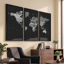 Black World Map Wall Art Canvas Print – Detailed Map of the