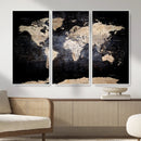 Grunge World Map Wall Art | 3-Panel Large Beige and Brown