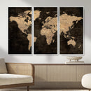 Brown World Map Canvas Print – Modern Travel Map Wall Art,