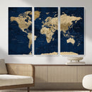 Navy Blue World Map Canvas Print – Detailed Map Minimal Navy