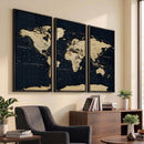 Dark World Map Canvas Wall Art Print, Minimal Black and Gold