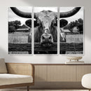 Black White Texas Longhorn Bull Canvas Wall Art, Western Ranch Cattle Photography Print, Rustic Farmhouse Cowboy Decor Artwork