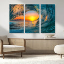 Ocean Wave Sunset Wall Art | Large Coastal Wave Canvas Print