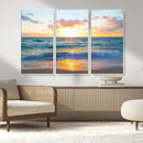 Golden Sunset Over Ocean Waves - Serene Coastal Triptych