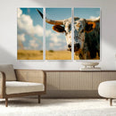 Longhorn in the Prairie - Stunning Ranch-Style Triptych Wall
