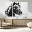 Winter Horse Canvas Print | Large 3-Panel Black White Equine