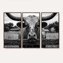 Black White Texas Longhorn Bull Canvas Wall Art, Western Ranch Cattle Photography Print, Rustic Farmhouse Cowboy Decor Artwork