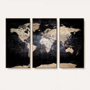 Grunge World Map Wall Art | 3-Panel Large Beige and Brown