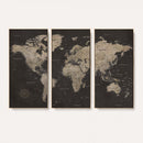 World Map Canvas Wall Art Dark Charcoal Antique Tan Detailed