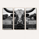 Black White Texas Longhorn Bull Canvas Wall Art, Western Ranch Cattle Photography Print, Rustic Farmhouse Cowboy Decor Artwork