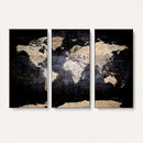 Grunge World Map Wall Art | 3-Panel Large Beige and Brown