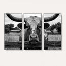 Black White Texas Longhorn Bull Canvas Wall Art, Western Ranch Cattle Photography Print, Rustic Farmhouse Cowboy Decor Artwork