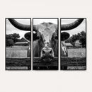 Black White Texas Longhorn Bull Canvas Wall Art, Western Ranch Cattle Photography Print, Rustic Farmhouse Cowboy Decor Artwork