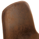 A modern and practical circular dining table. Made of MDF tabletop and wooden MDF table legs. A set of 6 brown cushioned chairs. CT-