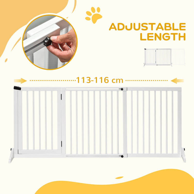 Adjustable Wooden Pet Gate, Freestanding Dog Fence for Doorway, Hall, 3 Panels w/ Safety Barrier, Lockable Door, White, 44.5"-65.25" L x 14.25" H