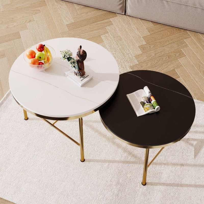 Modern Round Nesting Coffee Table Set 2-Piece Black & White Sintered Stone Top Gold Base in 23.6"&17.7"