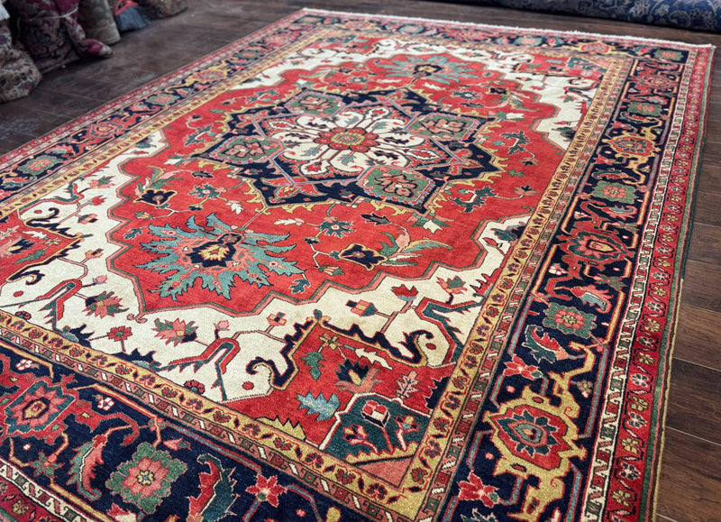 Persian Heriz Serapi Rug 8 x 10.6, Geometric Medallion, Great Colors, Rare, Red Navy Blue Ivory