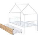 Twin Size Metal House Bed with Two Drawers, White
