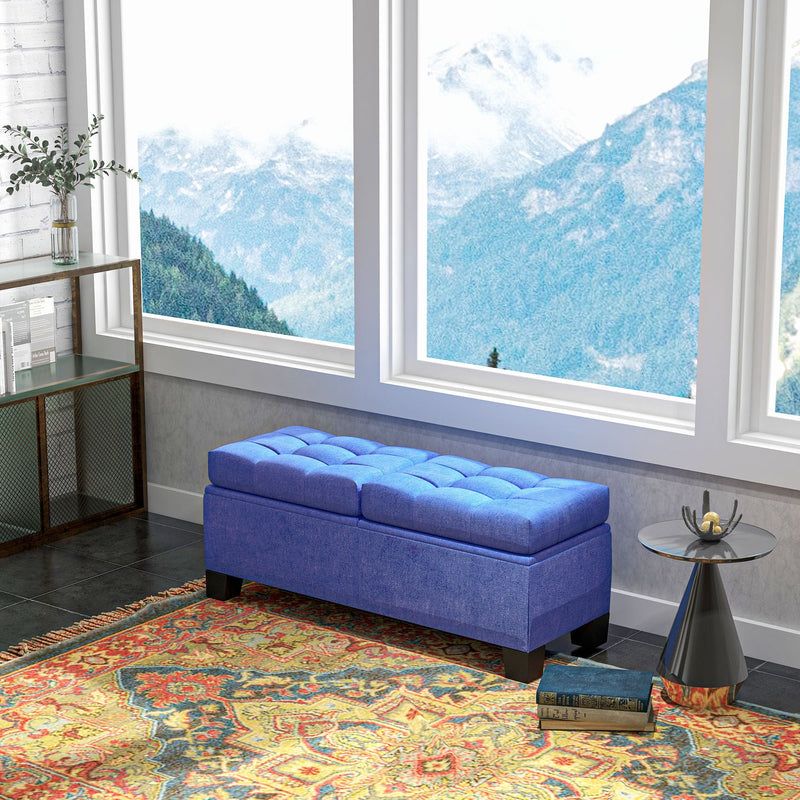 46" Storage Ottoman Bench, Upholstered End of Bed Bench with Steel Frame, Button Tufted Storage Bench with Safety Hinges for Living Room, Entryway, Bedroom, Blue
