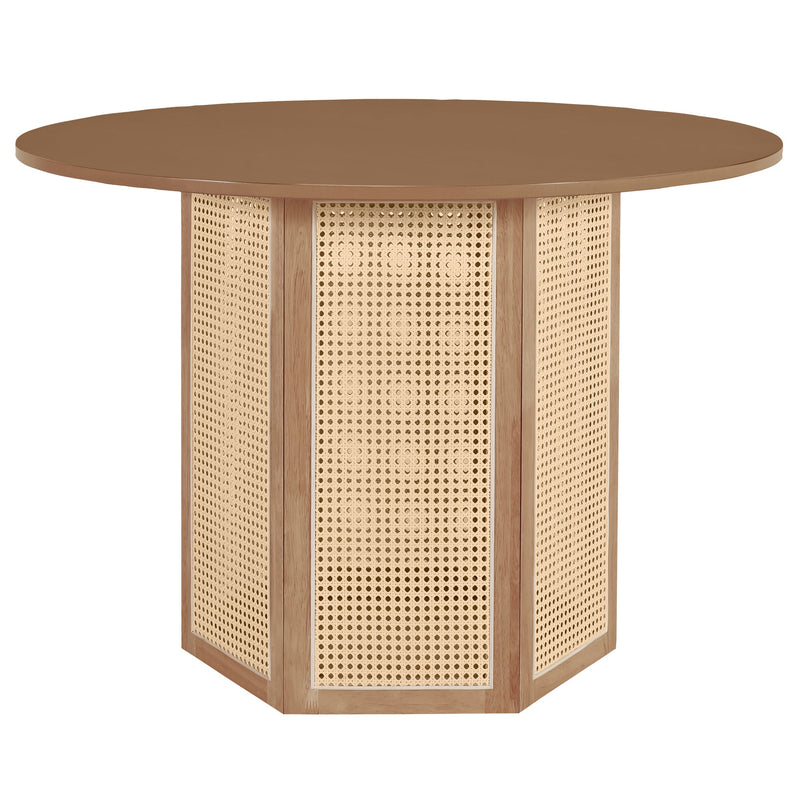 5-Piece Rattan Round Dining Table Set, Wood Table with Hexagonal Base and Upholstered Chairs for Dining Room, Kitchen,Indoor Use, White+Beige