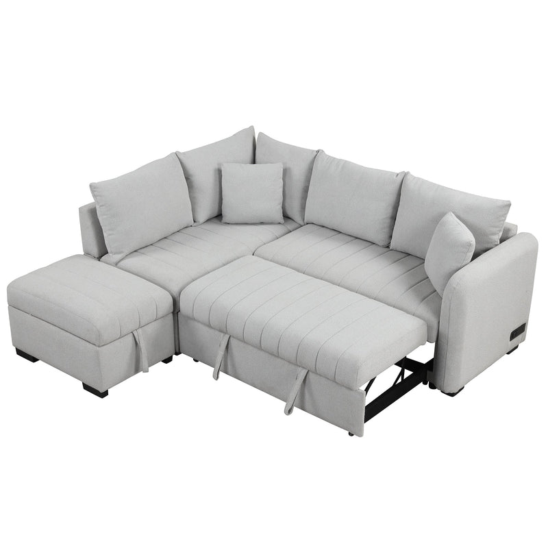 82.6" L-shaped Sectional Pull Out Sofa Bed Sleeper Sofa with Two USB Ports, Two Power Sockets and a Movable Storage Ottoman, Gray