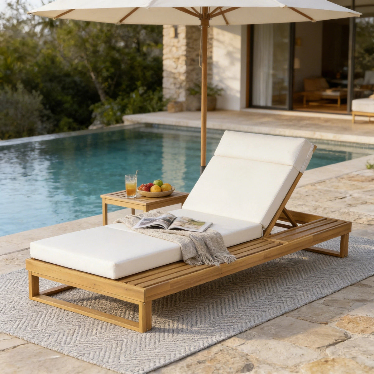 Teak Finish Acacia Wood Chaise Lounge with 4-Inch Cushion, photo 2 of 10