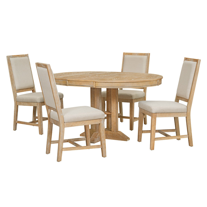 5-Piece Dining Set Extendable Round Table and 4 Upholstered Chairs Farmhouse Dining Set for Kitchen, Dining Room(Natural Wood Wash)