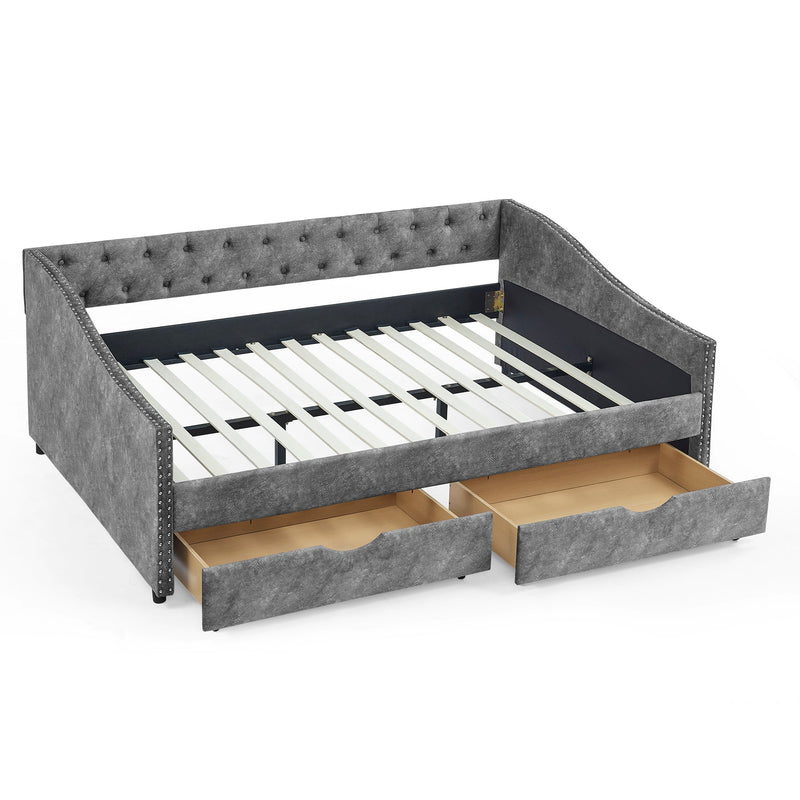 Full Size Daybed with Drawers Upholstered Tufted Sofa Bed, with Button on Back and Copper Nail on Waved Shape Armsrey0.5"55.5"27.5"