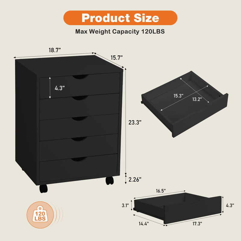 5 Drawer Chest - Storage Cabinets Dressers Wood Dresser Cabinet with Wheels Mobile Organizer Drawers for Office