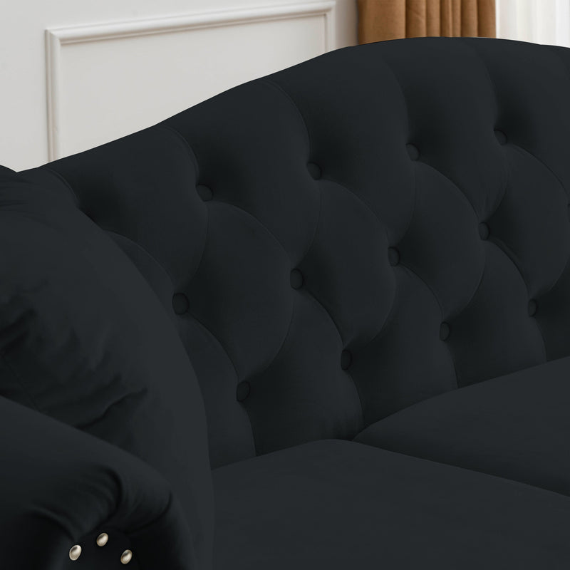 79" Chesterfield Sofa Black Velvet for Living Room, 3 Seater Sofa Tufted Couch with Rolled Arms and Nailhead for Living Room, Bedroom, Office, Apartment, 3S+2S