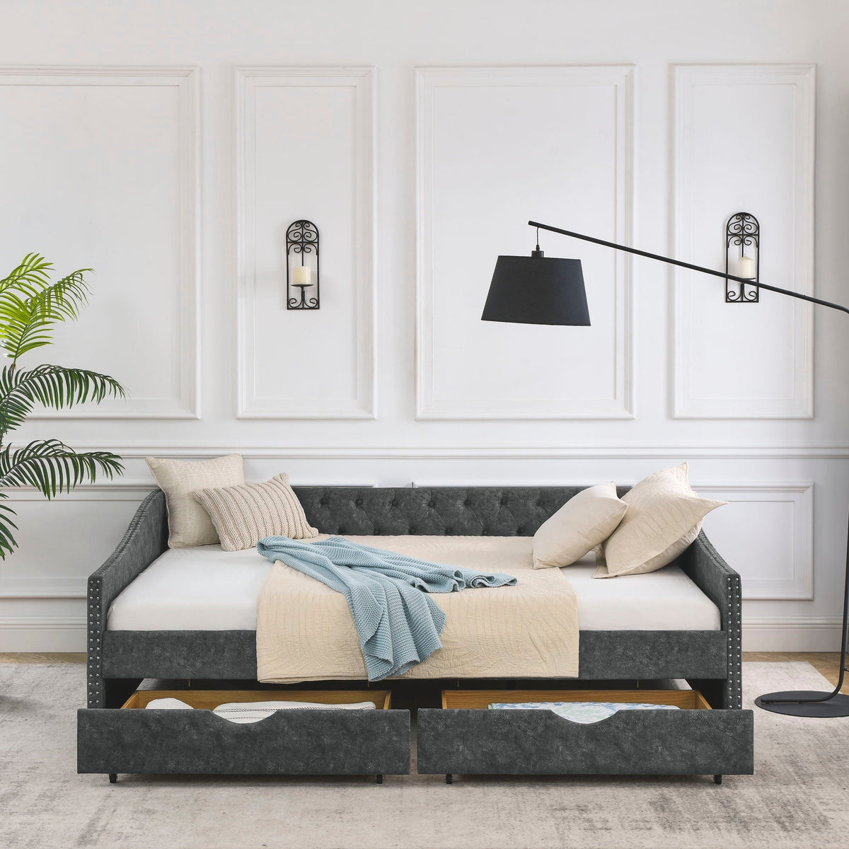 Upholstered Tufted Daybed With Drawers, Waved Arms, photo 13 of 27