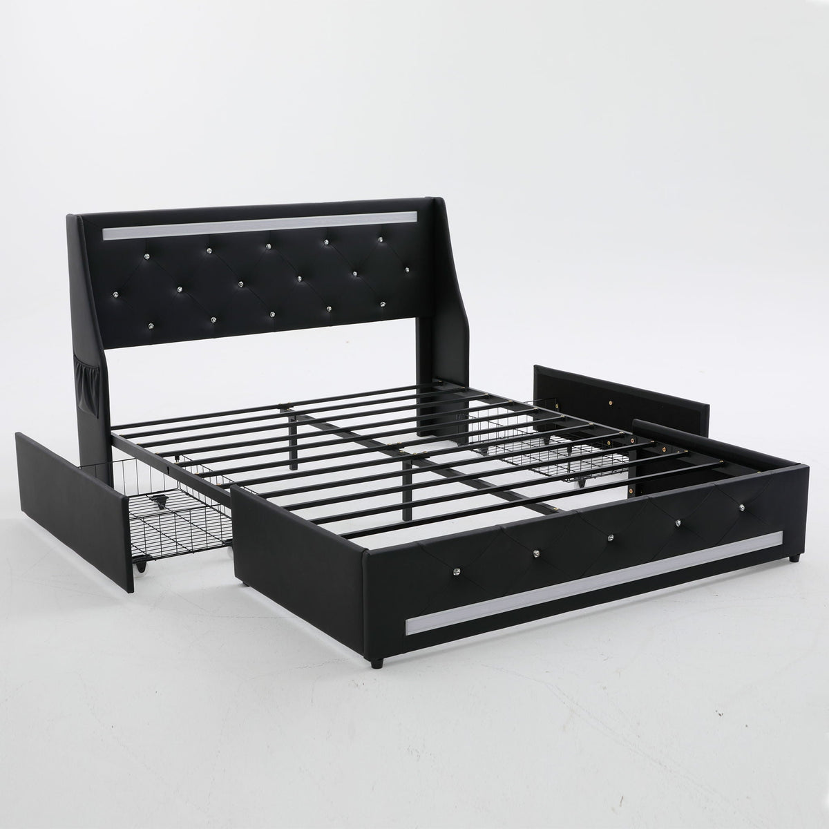 Wingback Upholstered Bed Frame With LED Lights, Charging Station, photo 18 of 40