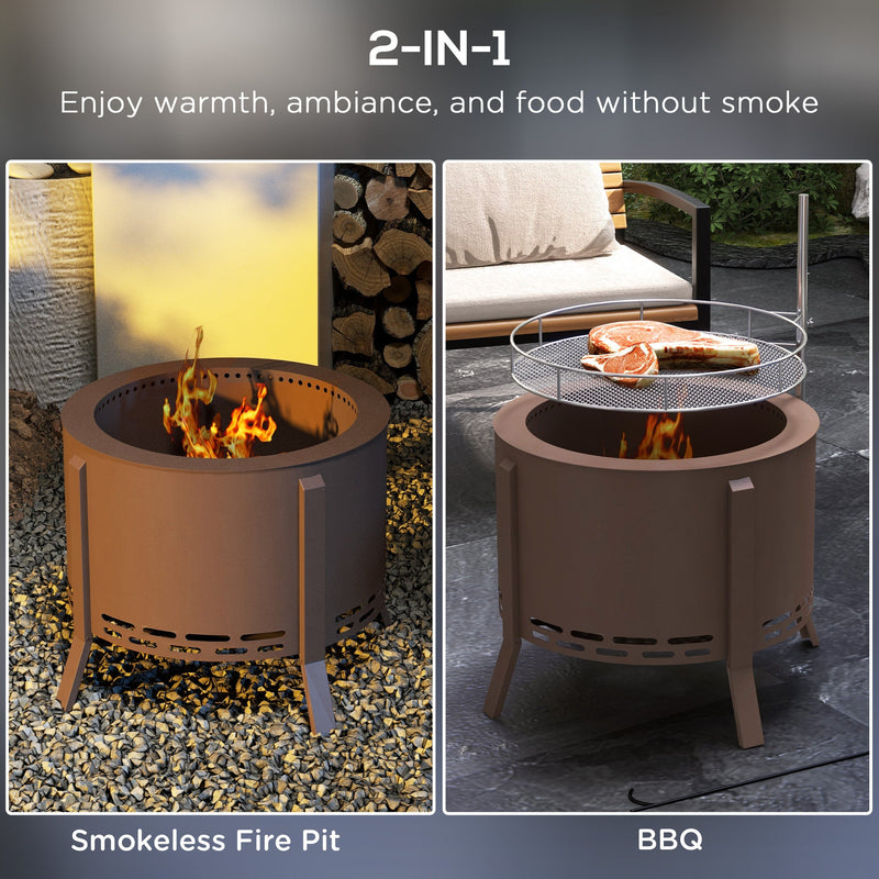 2-in-1 Smokeless Fire Pit, BBQ Grill, 19" Portable Wood Burning Firepit with Cooking Grate and Poker, Low Smoke Camping Bonfire Stove for Backyard Patio Picnic, Steel, Bronze
