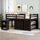Loft Low Study Bed With Cabinet, Shelves And Rolling Portable Desk, Multiple Functions