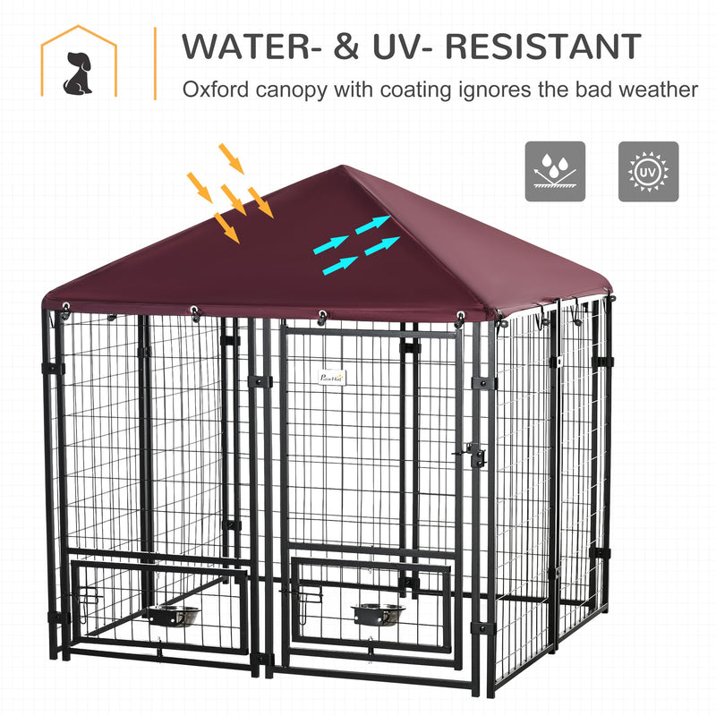 5' x 5' x 5' Dog Kennel Outdoor with Rotating Bowl Holders, Walk-in Pet Playpen, Welded Wire Steel Dog Fence with Water-and UV-Resistant Canopy, Black and Red
